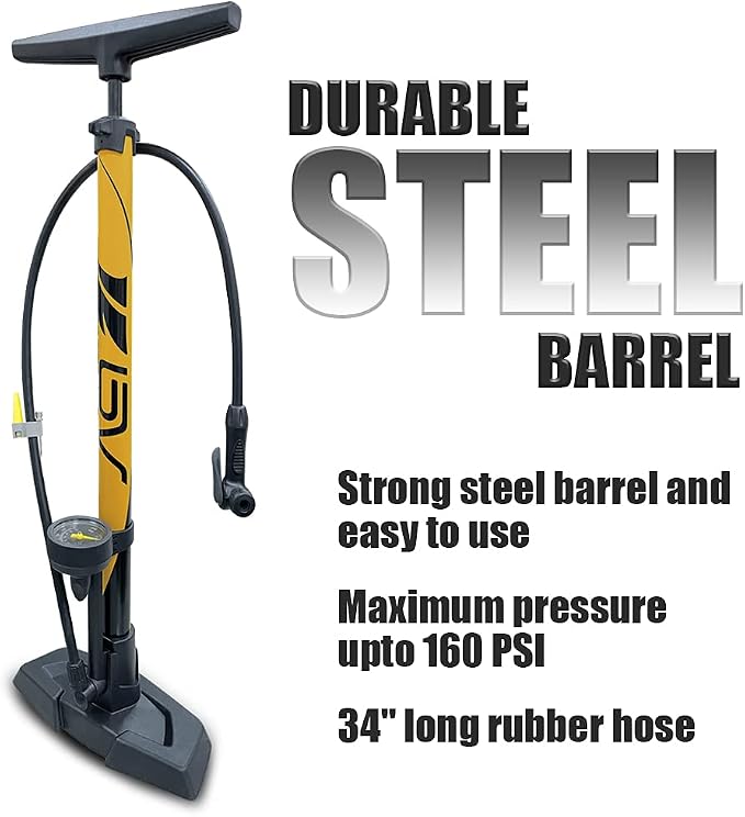 BV Bicycle Pump Durable Bike Floor Pump 17/24 inch Smart Valve Head, 160 psi, Automatically Reversible Presta and Schrader
