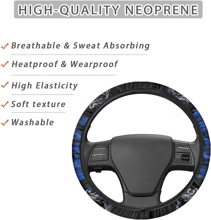 Car Steering Wheel Covers Universal 15 inch Fit Almost Car Blue Rose Steering Wheel Covers Comfortable Soft Sweat Absorbing Steering Wheel Stretch-on Protector Cover Auto Decoration