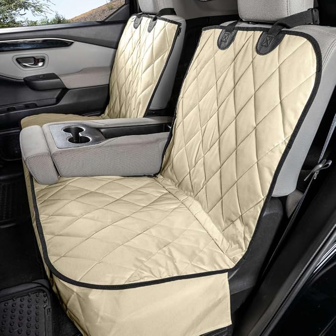 Dog Seat Cover for Back Seat, Heavy Duty Waterproof Rear Seat Protector for Large Trucks, SUVs, Cars - Fits 60/40 Split Bench with Middle Seat Belt, Non-Slip Backseat Cover (Extra Large, Tan)