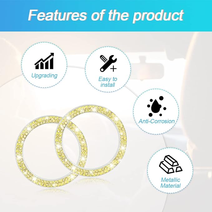 Car Bling Crystal Rhinestone Engine Start Ring Decals, 2 Pack Car Push Start Button Cover/Sticker, Key Ignition Knob Bling Ring, Sparkling Car Interior Accessories for Women (Double Yellow)