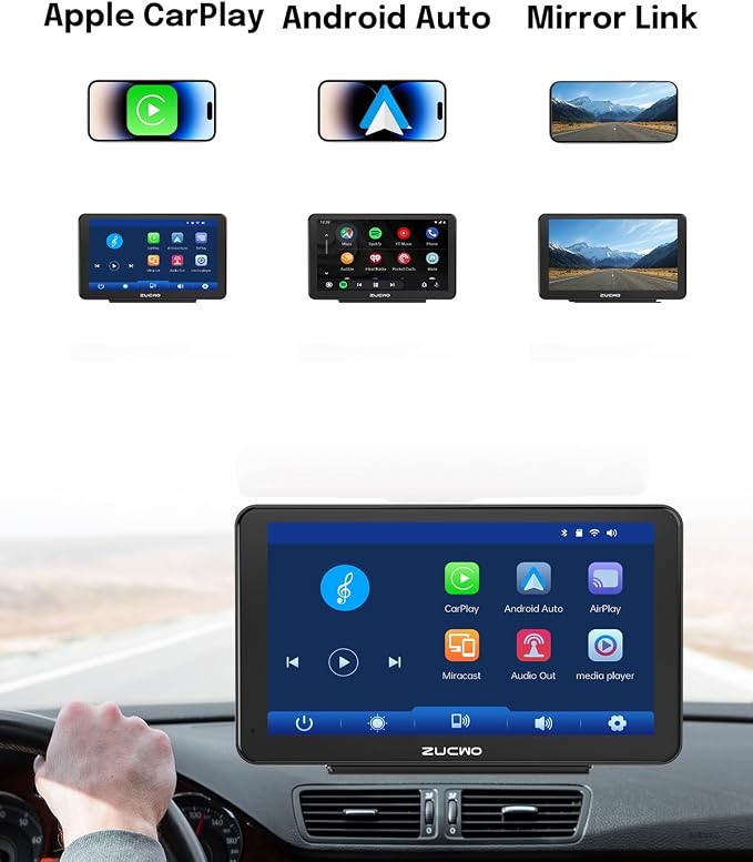 7 Inch Wireless CarPlay Screen for Car, Portable Car Stereo Touch Screen for Apple CarPlay & Android Auto with Backup Camera, Voice Control, BT Music, Navigation, Mirror Link