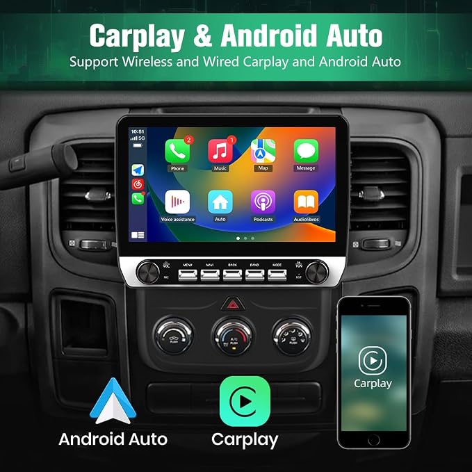 4Core Car Radio Stereo for Dodge RAM 1500 2500 3500 2013 2014 2015 2016 2017 2018 with Android 13 Wireless Carplay Android Auto 5GWiFi Bluetooth 2G Ram 64G ROM(Fit Manual AC)