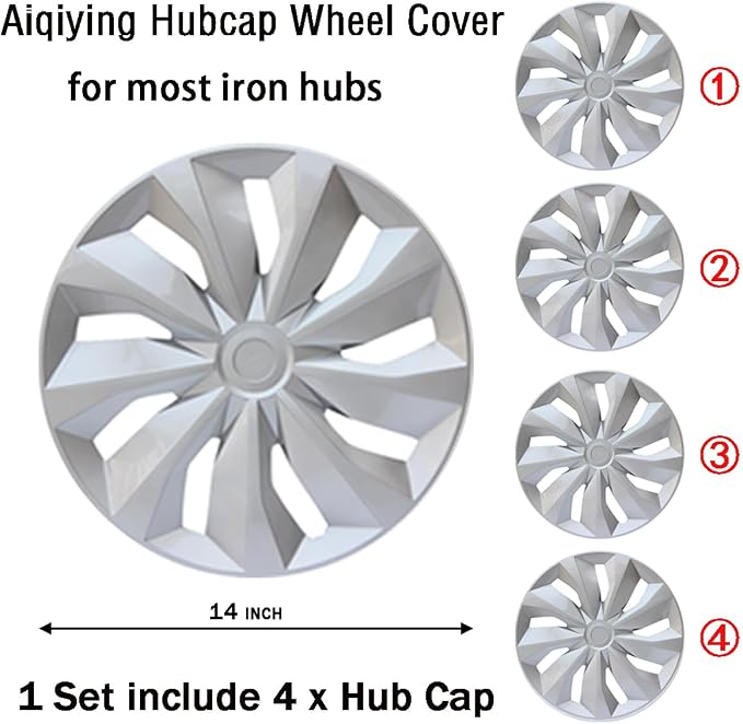Hubcap Wheel Cover Replacement R14 Hub Caps Universal-Fit Steel Wheel Rim Cover ABS Material Exterior Accessories for Car Truck SUV -Set of 4（14-inch，Silver）