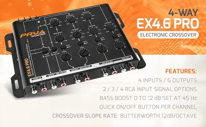 Crossover Car Audio EX4.6 PRO 4 Way or 3 Way Electronic Crossover 9 Volts, 4 in 6 Out RCA Channels Car Sound Processor - EX4.6PRO