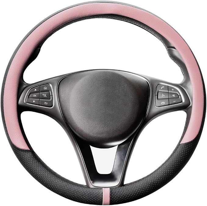 Breathable Car Steering Wheel Cover 16 inch Auto Universal Leather Wrap Non-Slip Steeringwheel Protector Automotive Interior Accessories, Pink (Suit for 15.5-16 inch)