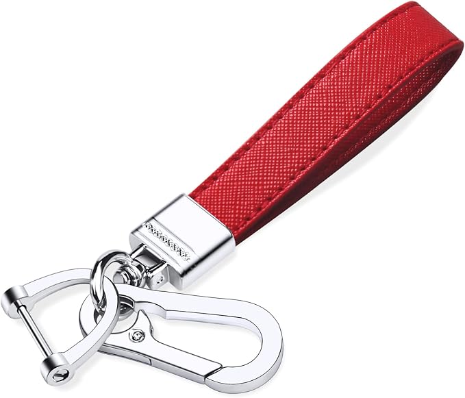 Genuine Leather Car Keychain,Universal Heavy Duty Metal Key Chain Accessories,Car Fob Key Keychain Holder with 360 Degree Rotatable Snap Swivel and Anti-Lost D-Ring for Men Women（Red）