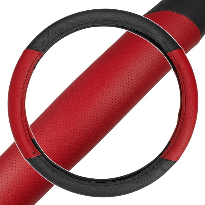 Sporty Two Tone Ergonomic Grip Steering Wheel Cover - Plush Leather Grip for Standard Size Wheels 14.5-15 inch Red/Black