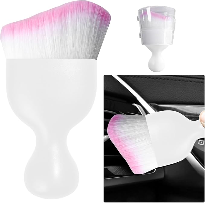 Car Detailing Brush, Curved Soft Bristles Auto Removal Dust Collectors, Universal Vehicle Dashboard, Air Conditioner Vents etc Interior Cleaning Tool Accessory (White/White/Pink)