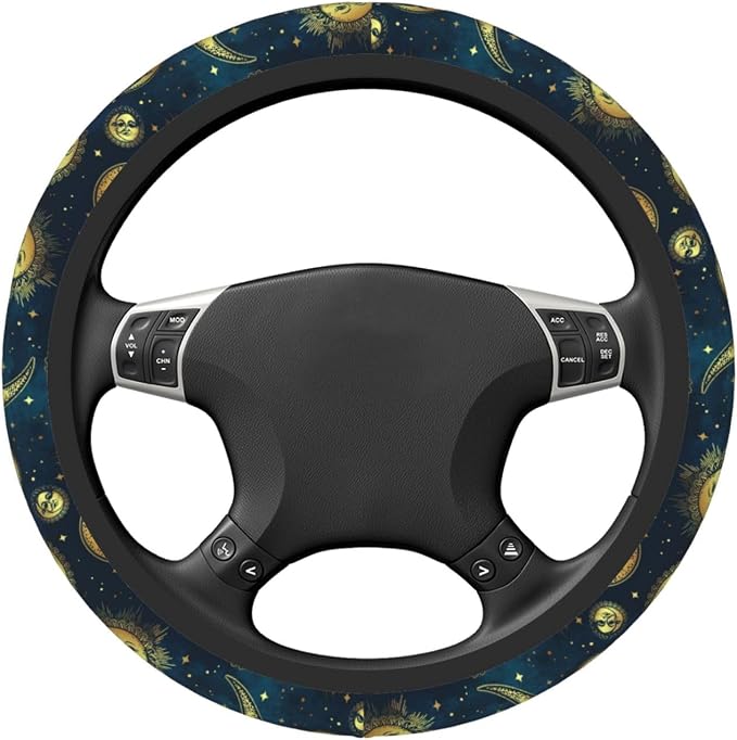 Gold Moon Sun Stars Magical Steering Wheel Cover for Women Men Girls Car Accessories Decor Anti-Slip Neoprene Auto Steering Wheel Covers Protector Universal 15 Inch