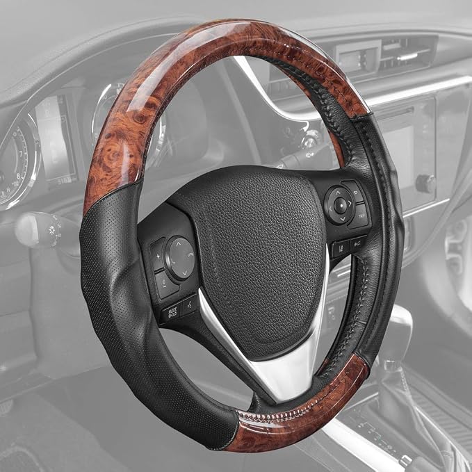 Dark Wood Grain Steering Wheel Cover with Black Faux Leather Comfort Grip, Standard 15 inch Size, Car Steering Wheel Cover for Truck Van SUV Auto