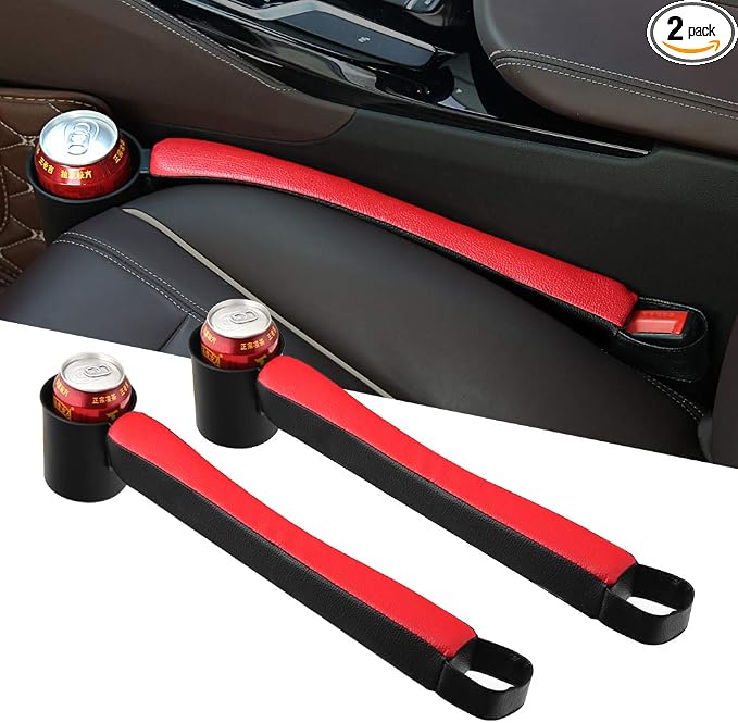 2 Prices Car Seat Gap Filler Pad PU Leather Console Side Pocket Organizer and one Cup for Cellphone Wallet Coin Key (Black+Red)