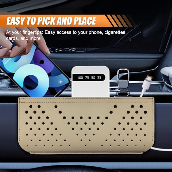 Car Seat Side Pocket Organizer, Multifunctional Mini Console Storage Bag for Phone, Keys, Sunglass, Wallet, PU Leather Tray Pouch Car Organizer Accessories for Seat, Door, Window, Console (Beige)