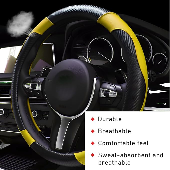 Car Steering Wheel Cover, 15 Inch Leather Breathable Auto Steering Wheel Protector, Comfortable Non-Slip Vehicle Steering Wheel Covers, Universal Car Accessories (Yellow, with Lining)