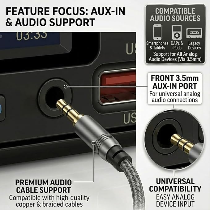 Single DIN Car Radio Headunit Bluetooth Stereo Audio for Handsfree Calling,Phone Charging, FM/ MP3/TF Card/AUX/Time,Dual USB,7 LED Colors