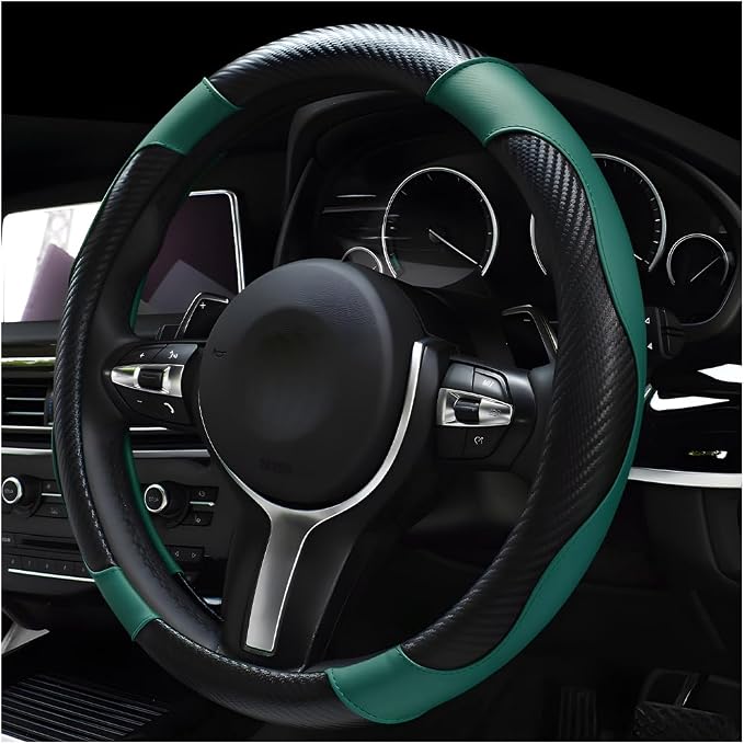 Car Steering Wheel Cover, 15 Inch Carbon Fiber Leather Stitching Color Steering Wheel Protector, Anti-Slip Elastic Breathable Steering Wheel Cover Stylish Decor for Most Cars (Black Green)