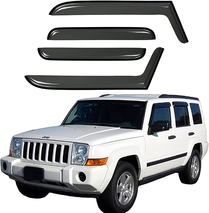 Side Window Visor Wind Vent Deflector fit for 2006-2010 Jeep Commander,4pcs Out-Channel Tape-On Dark Smoke Sun Rain Guards Set 94117