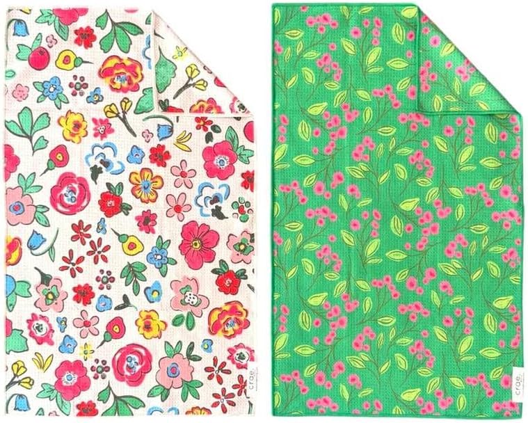 2 Double Sided Microfiber Hand Towels, 17x27 Inches Waffle Design Kitchen Towels Set, Durable & Soft Fast Drying Hand Wash Cloth and Dishcloth Perfect for Everyday Use at Home (Sunkissed/Botanica)