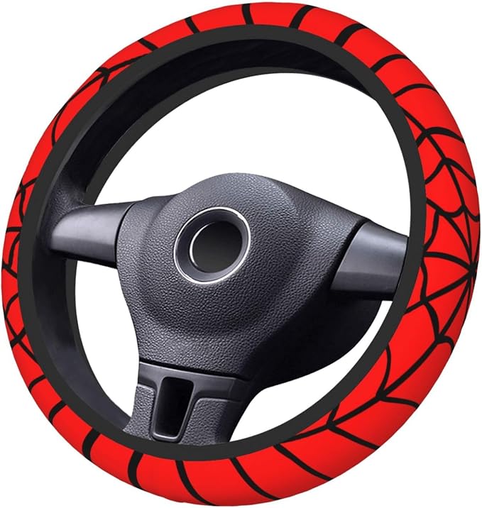 Red Black Spider Web Elastic Steering Wheel Cover Non-Slip Breathable Steering Wheel Protector Fit Auto, SUVs, Truck