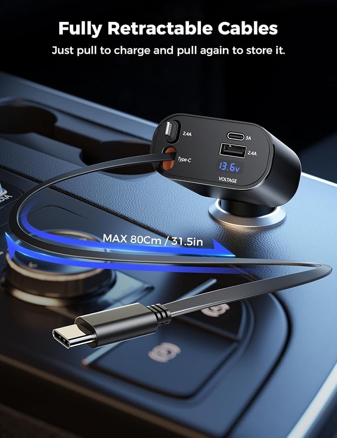 Retractable Car Charger for iPhone with Dual Type C Cables, 4 in 1 USB C Car Charger Adapter with 69W Fast Charging Compatible with iPhone 17 16 15 14 13 12 11 Pro/XS/XR/SE/iPad/Airpods