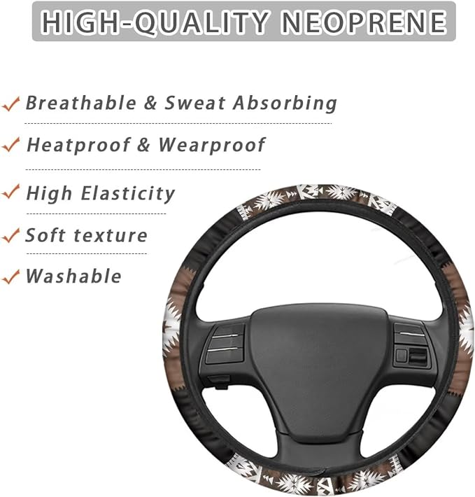Southwest Aztec Brown Black Car Steering Wheel Cover 15 Inch Universal Breathable Soft Anti-Slip Sweat Absorbent Car Accessory Fit for Most Vehicles