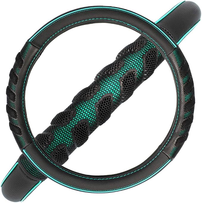 car Steering Wheel Cover Faux Leather Massage Universal fit 3D Honeycomb Hole Anti-Slip Sporty 15 Inches (Mint Green Black)