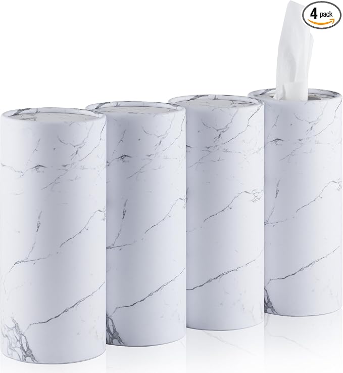 Car Tissue Holder, 4 Pack Car Cup Holder Facial Tissues with Travel Tissue Bag, Quick and Convenient Flower Combination Car Tissue Box(4 Canisters/200 Tissues) White