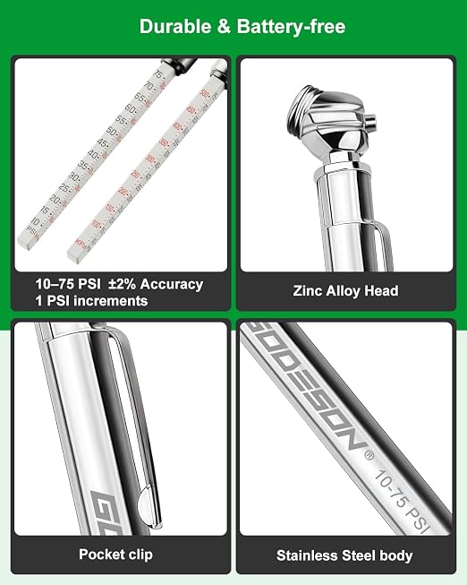 Tire Tread Depth Gauge & Pencil Tire Pressure Gauge 10-75 PSI, Calibrated to ANSI B40.1 Grade B(±2%), Color-Coded Tread Indicator, 4 Valve Caps & Storage Case, Tire Safety Kit for Cars, SUVs