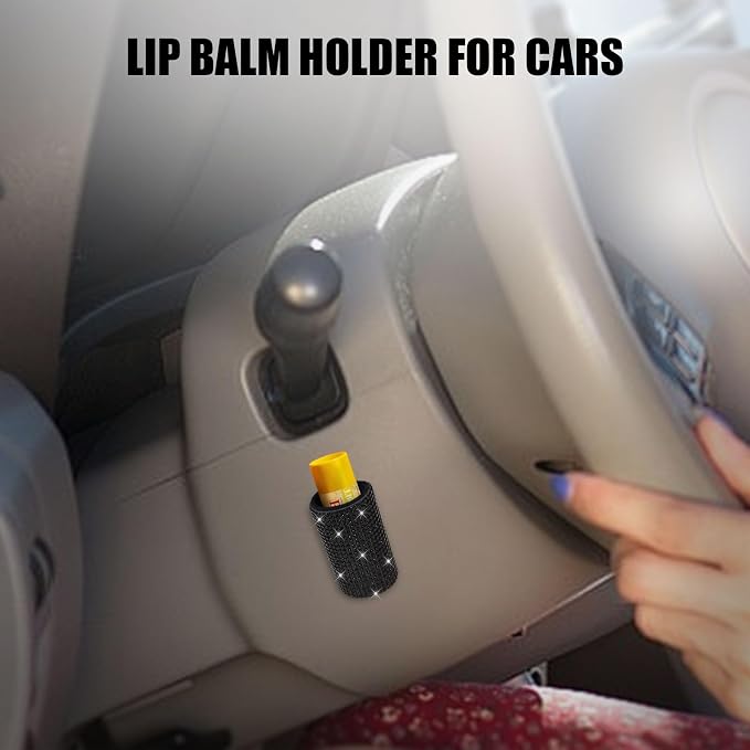 Upright Car Chapstick Holder, Bling Insulating Lip Balm Holder,Rhinestone Car Accessories for Women Interior,Suitable for Most Vehicles. (Black)