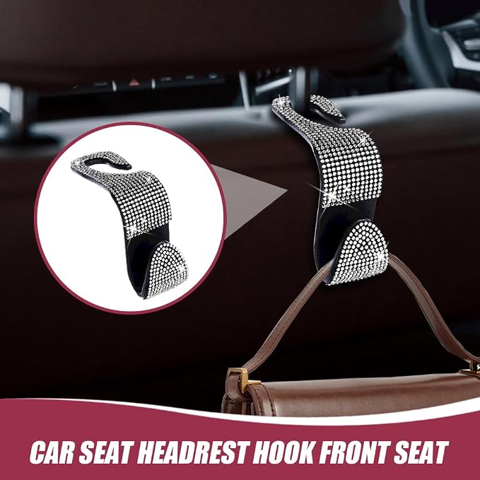 2 Pack Car Hooks, Bling Rhinestones Crystal Hooks, Auto Seat Back Organizers, Car Decorations Backseat Hanger, Car Seat Hooks Perfect for Holding Handbags, Clothes, Purses and Water Bottles