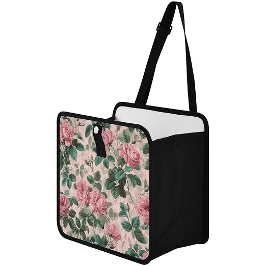 Car Trash Can Organizer Bin with Adjustable Strap for Back Front Seat Console Waterproof Leakproof Collapsible Portable 8.66 Inch Pink Vintage Roses with Leaves