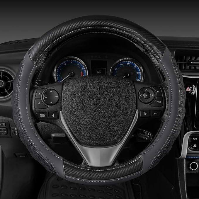 UltraSport Gray Carbon Fiber Steering Wheel Cover, Standard 15 inch Size, Black Faux Leather Comfort Grip, Car Steering Wheel Cover for Auto Truck Van SUV