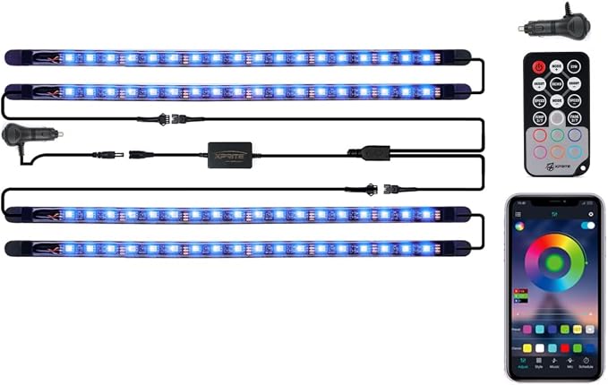 RGB LED Car Interior Bluetooth Light Strips w/Remote & Control Box, Silicone Sealed, Under Dash Footwell Lights Kit w/Cigarette Adapter for Vehicle Internal SUV Truck - 4 PCS