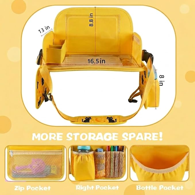 Kids Travel Tray for Toddler Car Seat, Toddler Gift for Boy | Road Trip Essentials Accessories Lap Tray, 16.5 x 13 inch, iPad Holder Stand, Storage Pockets, Snack Compartment, Yellow