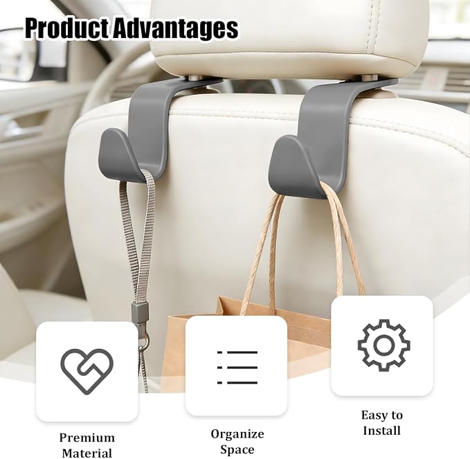 Car Seat Headrest Hook, 4PCS Vehicle Seat Back Hanger Storage Organizer for Handbag Purse Coat, Auto Interior Headrest Hook, Universal for SUV Automobile Truck (Gray)