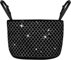 Bling Car Net Pocket Handbag Holder, Rhinestone Vehicle Backseat Purse Organizer Between Seats, Diamond Hanging Storage Bag Barrier of Pet Kids, Universal Automotive Accessories (White)