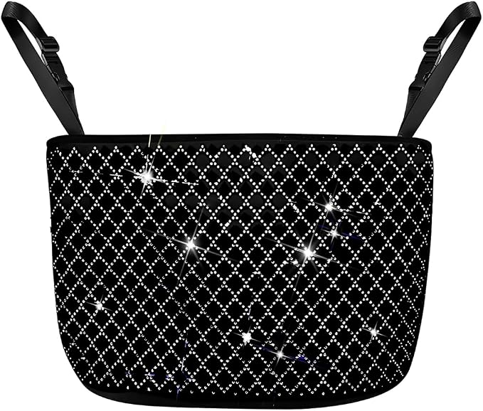 Bling Car Net Pocket Handbag Holder, Rhinestone Vehicle Backseat Purse Organizer Between Seats, Diamond Hanging Storage Bag Barrier of Pet Kids, Universal Automotive Accessories (White)