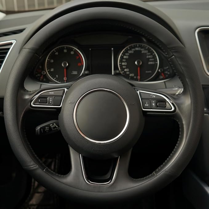 Microfiber Leather Steering Wheel Cover, Breathable Anti Slip Universal 14.5-15 inch Car Interior Accessories for Women Men, Black