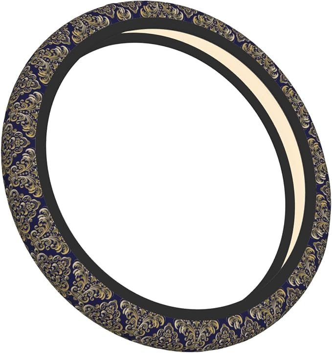 Floral Steering Wheel Cover Car Elastic Steering Wheel Protector | Blue Gold Anti-Slip Breathable Car Accessories Interior for Women Men Universal 15 Inch Fit Auto SUVs Vans Truck