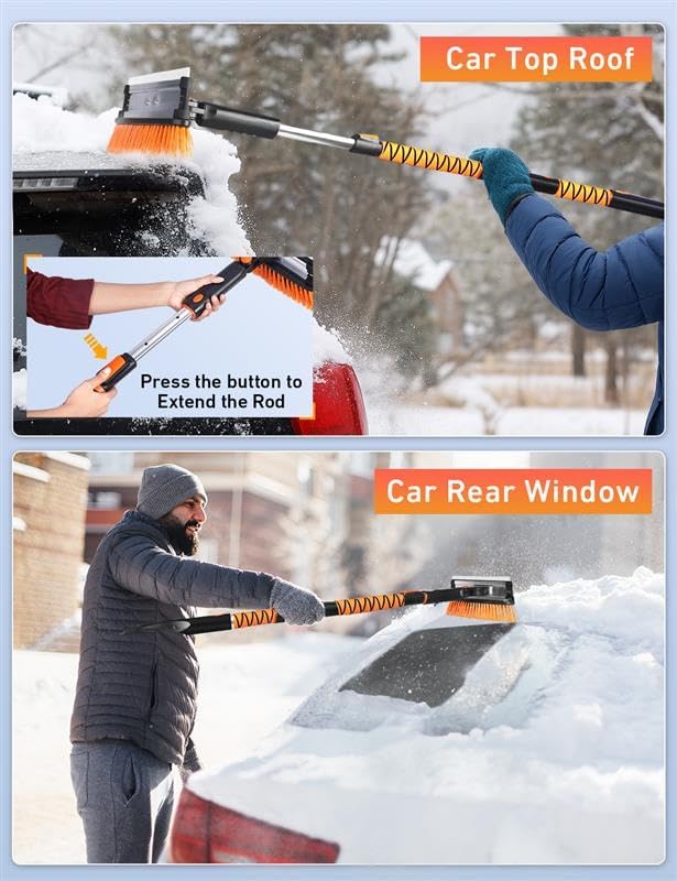 49" Extendable Squeegee Snow Brush and Ice Scraper for Car Windshield & Windows | 270° Telescopic Snow Broom with Pivoting Squeegee | Heavy Duty Car Snow Removal Tool for SUV, Truck & Car