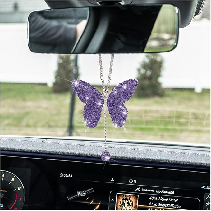 Bling Butterfly Diamond Car Accessories, Crystal Car Rear View Mirror Charms for Women, Car Decoration Lucky Gifts Hanging Interior Crystal Ornament Pendant Decor for All Cars (Purple)