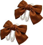 2 PCS Bow Pearl Car Seat Headrest Hook – Cute Purse Hook for Car, Girly Interior Decoration Accessories Hook Hanger, Seatback Holder for Purses & Bags, Elegant Car Organizer (Woody Brown)