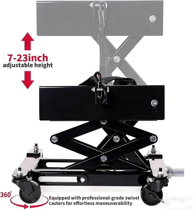 Low Profile Transmission Jack, 450 LBS Heavy Duty Alloy Steel Transmission Lift, 7-23 Inch Lifting Range with 2M Safety Straps & 4 Lockable Swivel Brake Wheels, Car Truck Repair Service Jack, Red
