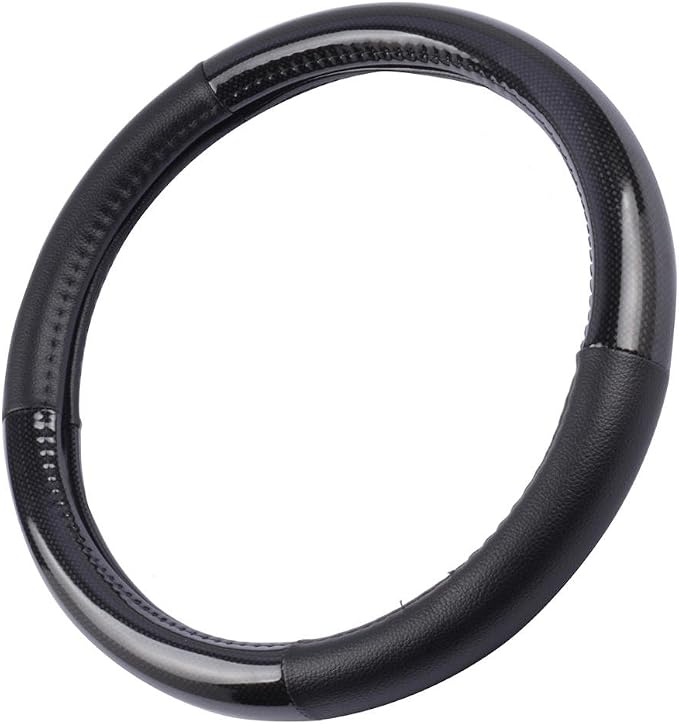 Carbon Fiber Steering Wheel Cover White Vinyl with Fiber Accent - Black Carbon, 14.5-15 inch