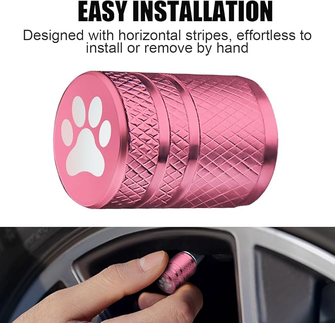 Tire Valve Stem Caps - (4 Pack) Cat Paw Print Metal Air Caps with Plastic Liner, Durable, Corrosion Resistant and Leak-Proof, Universal Fit for Cars, Trucks, Motorcycles, and Bikes - Pink