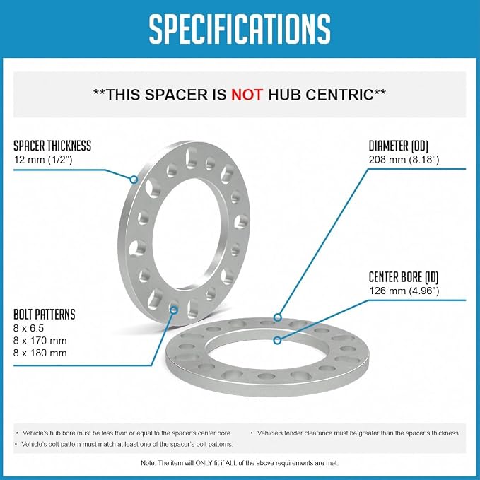 4 Pcs Die Cast Wheel Spacers 12mm 1/2" Thick Fits Bolt Patterns 8x6.50 8x165.1mm 8x170mm 8x180mm Chevy Siverado 2500 3500 ｜ Ford F250 F350 ｜ Ram 2500 3500 - Not Hub Centric