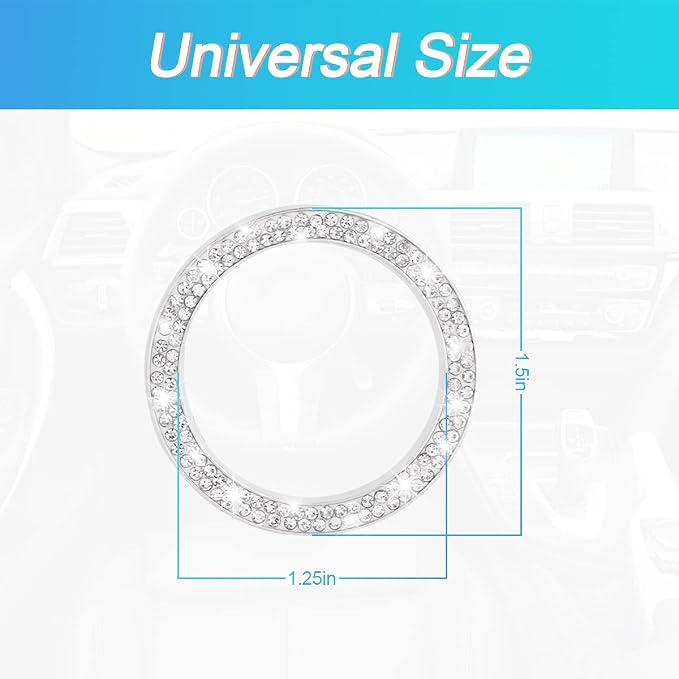 Car Bling Crystal Rhinestone Engine Start Ring Decals, 2 Pack Car Push Start Button Cover/Sticker, Key Ignition Knob Bling Ring, Sparkling Car Interior Accessories for Women (Double Silver)