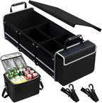 Car Trunk Organizer with Removable Cooler Bag - Collapsible Multi-Compartment Storage for SUV Truck Groceries Camping, Durable Nylon Auto Cargo Organizer (Black)
