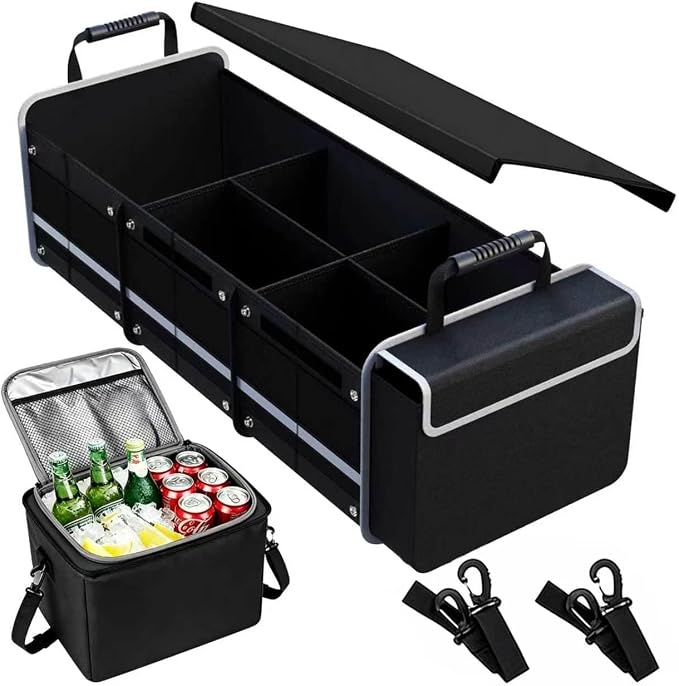 Car Trunk Organizer with Removable Cooler Bag - Collapsible Multi-Compartment Storage for SUV Truck Groceries Camping, Durable Nylon Auto Cargo Organizer (Black)