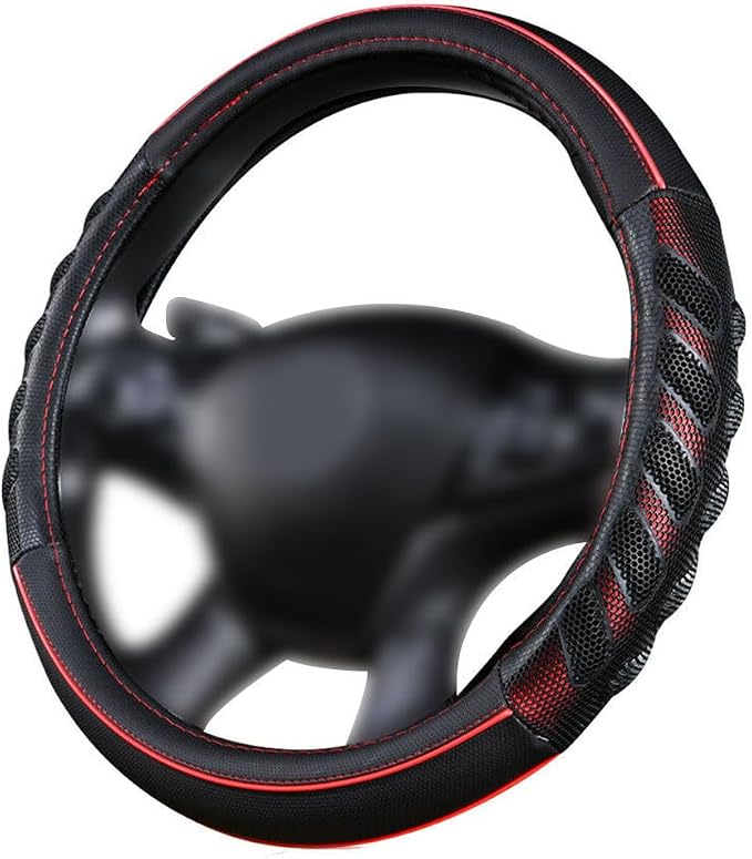 car Steering Wheel Cover Faux Leather Massage Universal fit 3D Honeycomb Hole Anti-Slip Sporty 15 Inches (Red Black)