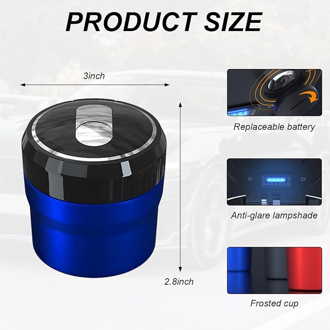 Car Ashtray with Lid, Easy Clean Up Detachable Smokeless Ashtray with LED Blue Light, Portable Mini Ash Tray Cup Holder for Car Home Office Travel, Interior Auto Accessories (Blue, Small)